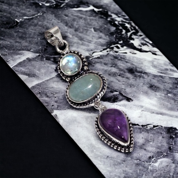 Jewelry - Amethyst, Aquamarine & Rainbow 🌈 Moonstone Handcrafted Pendant NWOT